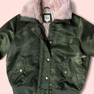 Green Gap Faux Pink Fur Lined Bomber Jacket Women's Full Zip Snap Size XS